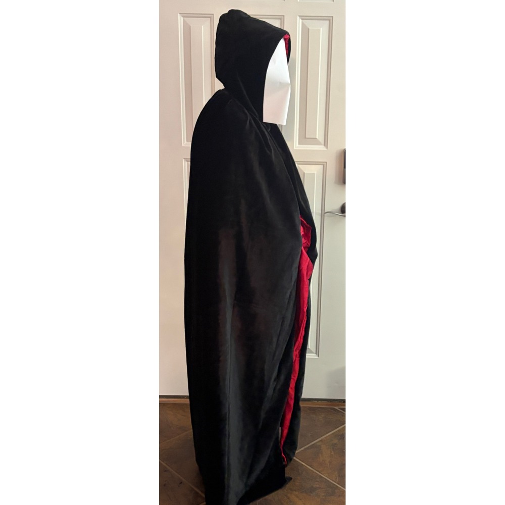 Reversible Hooded Cloak Black Velvet Red Satin Halloween Costume Cape - Picture 5 of 11